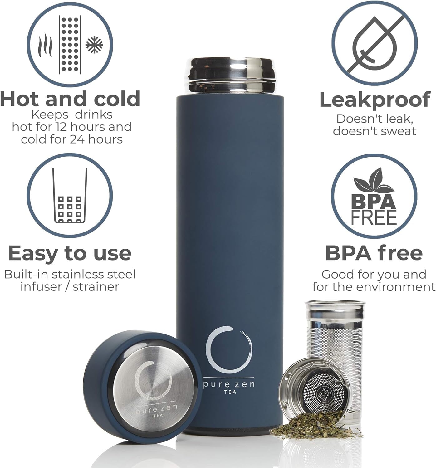 Thermos with Infuser for Hot and Cold Infusions - Stainless Steel - Tea Infuser Bottle - Leakproof Travel Mug with Filter - 15Oz - Blue